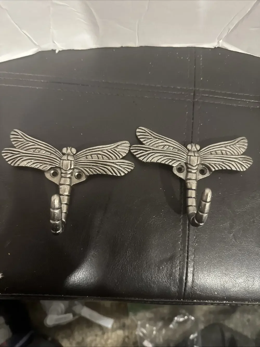 Pair Vintage Silver Tone Dragonfly Wall Hooks 4x3 Decorative Metal Coat Hook